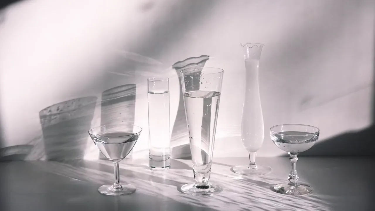 Sunlight casts crisp shadows through clear glass vessels.